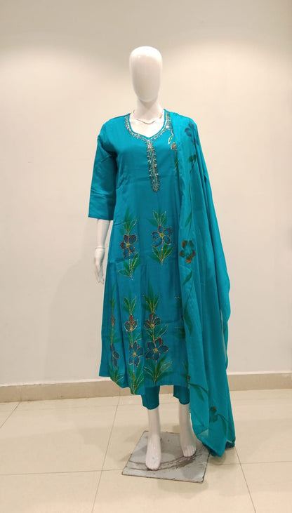 Teal anarkali hand-painted floral suit set original