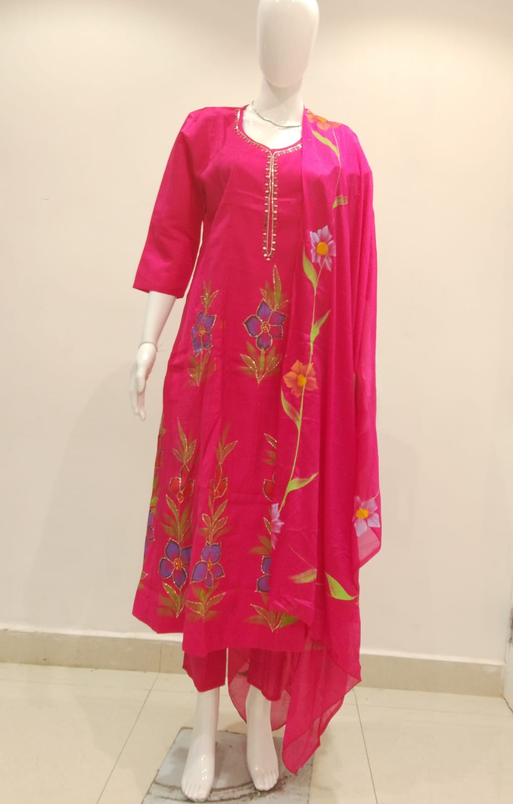 Hand-painted floral kurta set, magenta