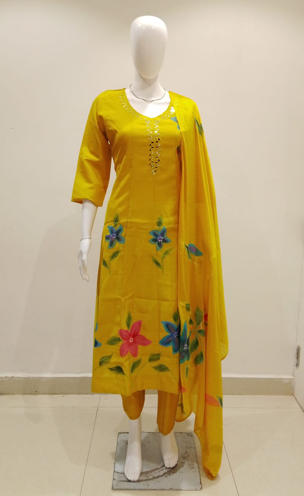Hand-painted floral kurta set, mustard yellow
