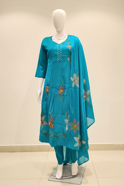 Teal hand-painted floral suit set front view