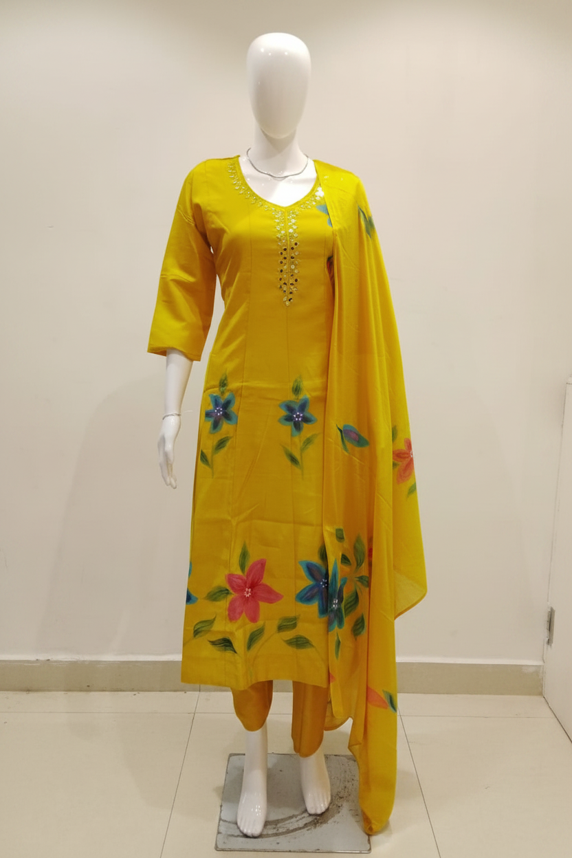 Pink hand-painted floral suit set front view