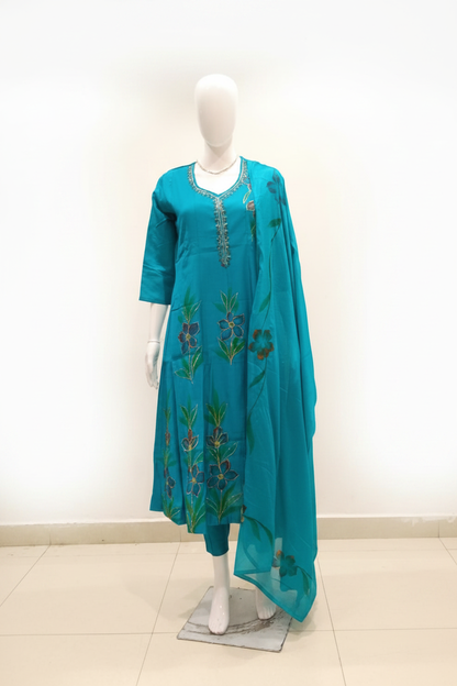 Teal anarkali hand-painted floral suit set front view