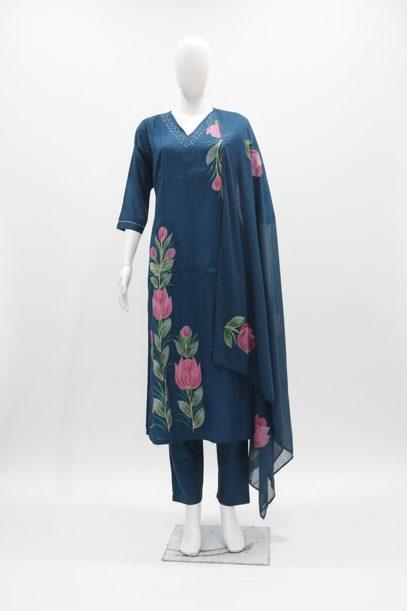Navy blue rose hand-painted suit set front view