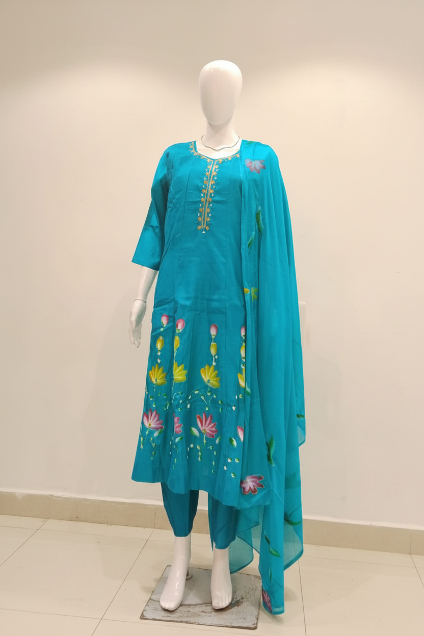 Off-white hand-painted floral suit set front view