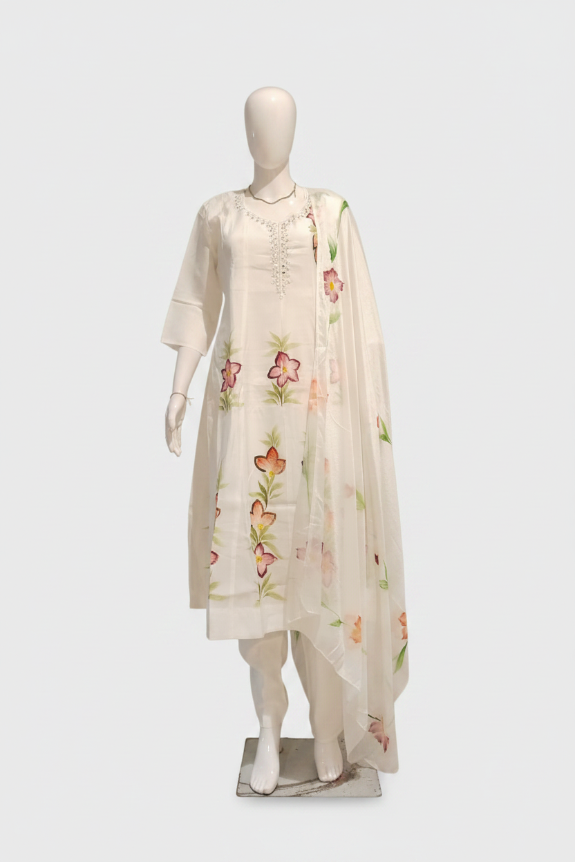 White hand-painted floral suit set front view