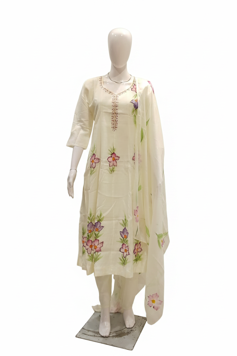 White hand-painted butterfly floral suit set front view