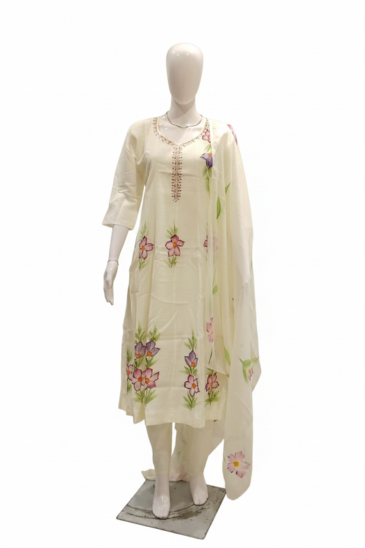 White hand-painted butterfly floral suit set front view