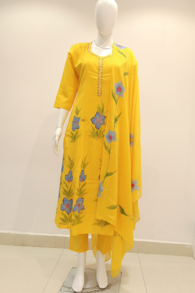 Yellow hand-painted floral suit set front view